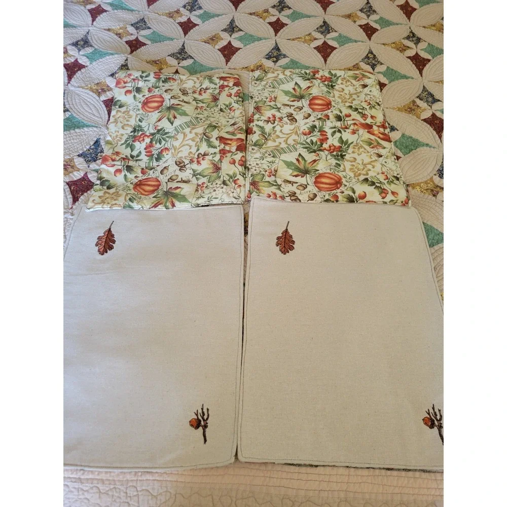 Fall Harvest Pumpkin Placemats Set of 8 pc Reversible Leaf Red Orange Cream